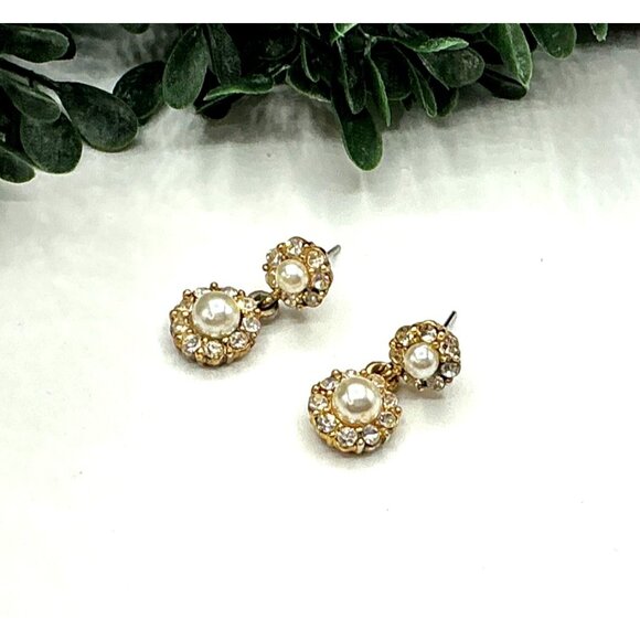 Vintage Gold-Tone Faux Pearl and Rhinestone Dangle Earrings - Picture 4 of 8